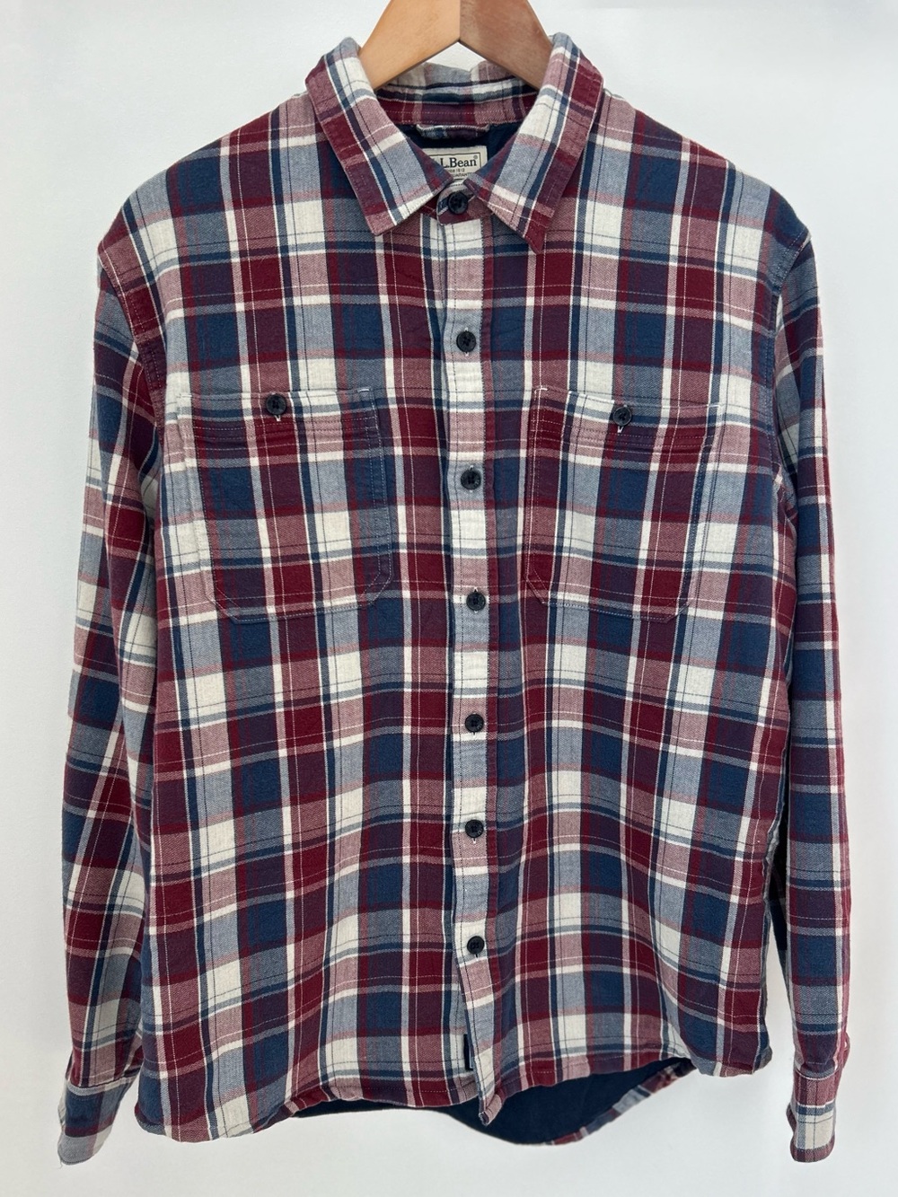 L.L.Bean Fleece Lined Flannel Shirt Jacket M Plaid Organic Cotton Navy White Red